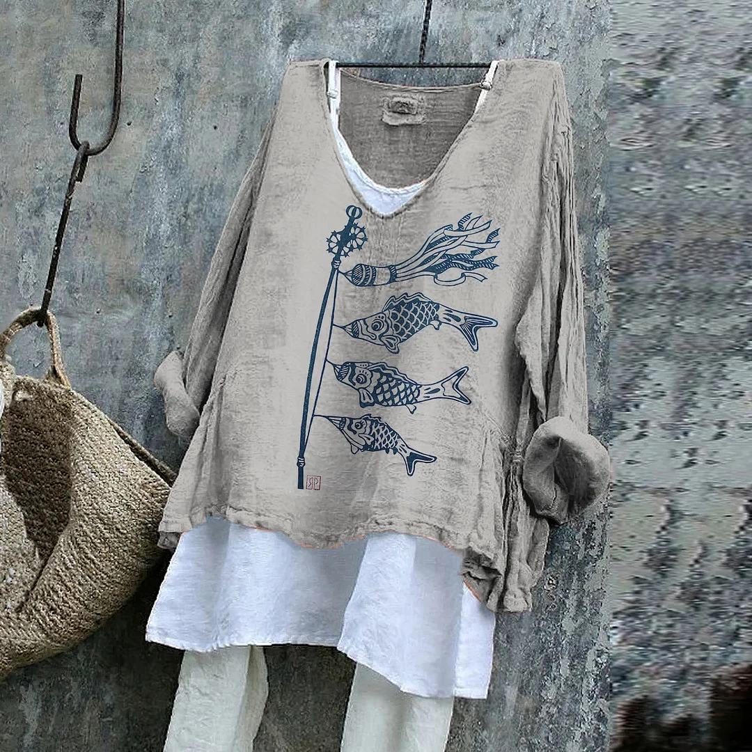 Japanese Fish Carp Streamer Windsock Art Cotton Linen V Neck Casual Shirt