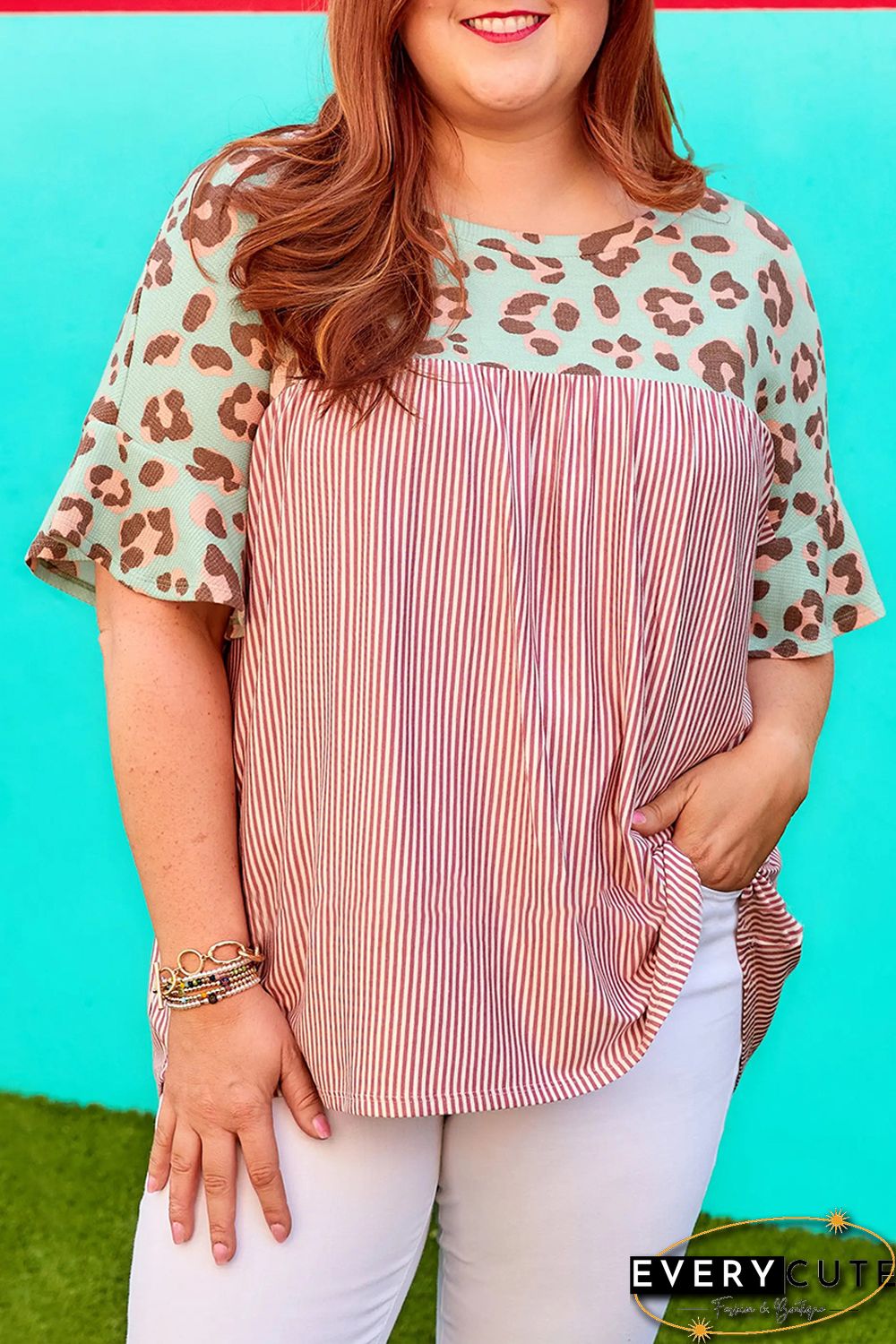 Leopard Striped Print Plus Size Top