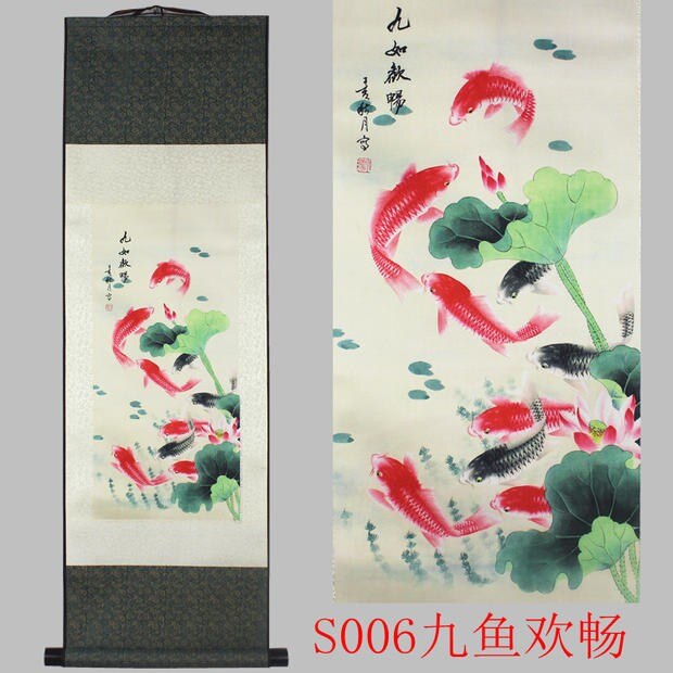 Nine fish joyous pattern with Chinese characteristics silk painting decorative painting