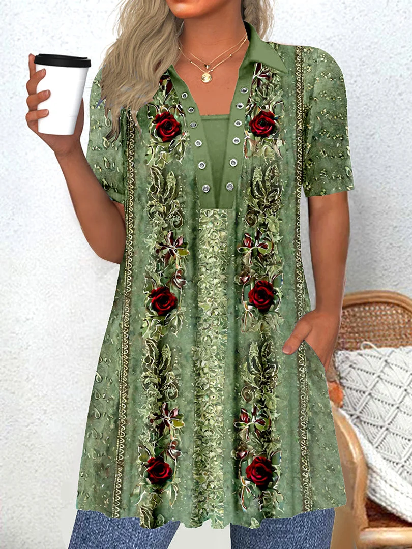 Women Half Sleeve V-neck Solid Color Dress