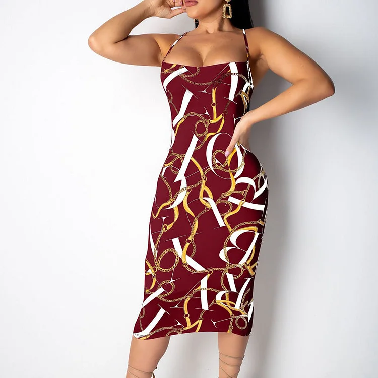 Cold Shoulder Chain Printed Sling Bodycon Dress - IRBOOM Fashion Clothing