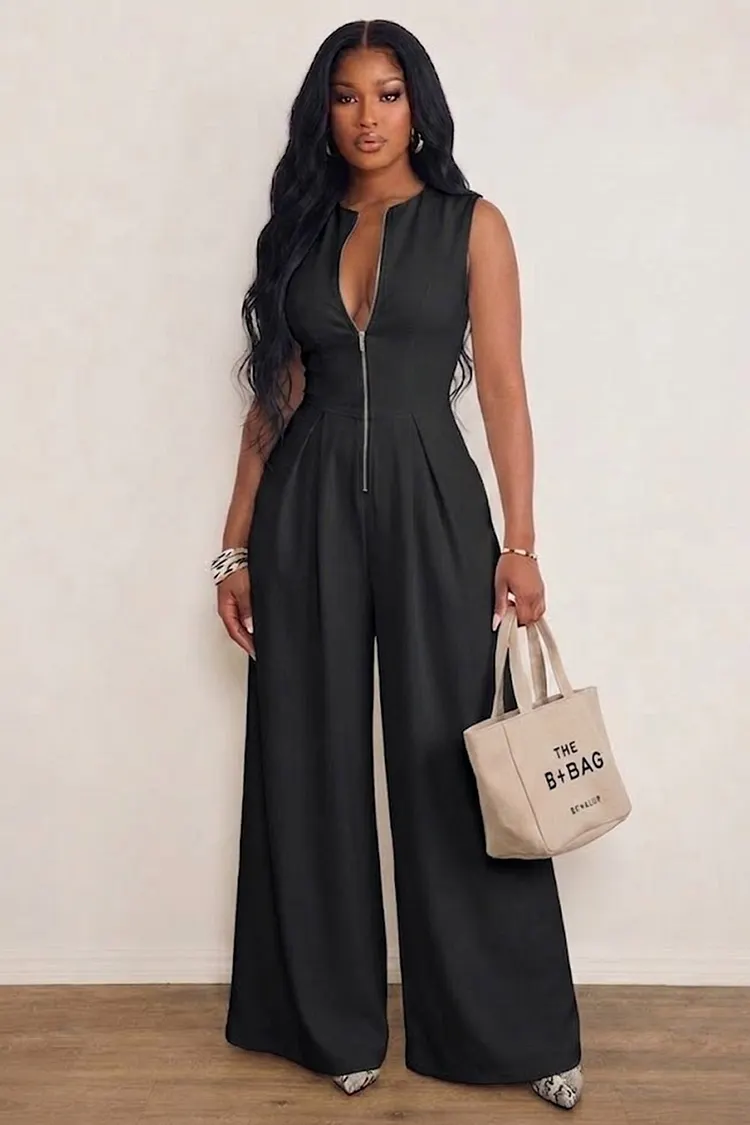 Crew Neck Zipper Cinch Waist Solid Color Casual Wide Leg Jumpsuit