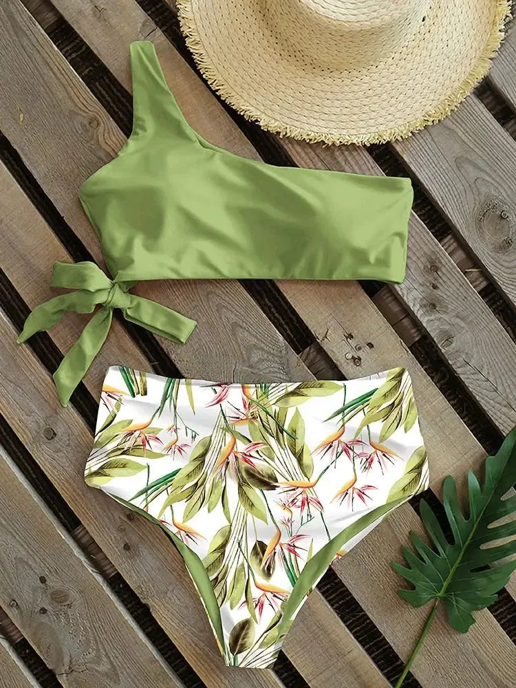 Huiketi Bikinis Women 2024 New One Shoulder Swimwear High Waist Swimsuit Bandage Bathing Suits Beach Wear Biquini Female