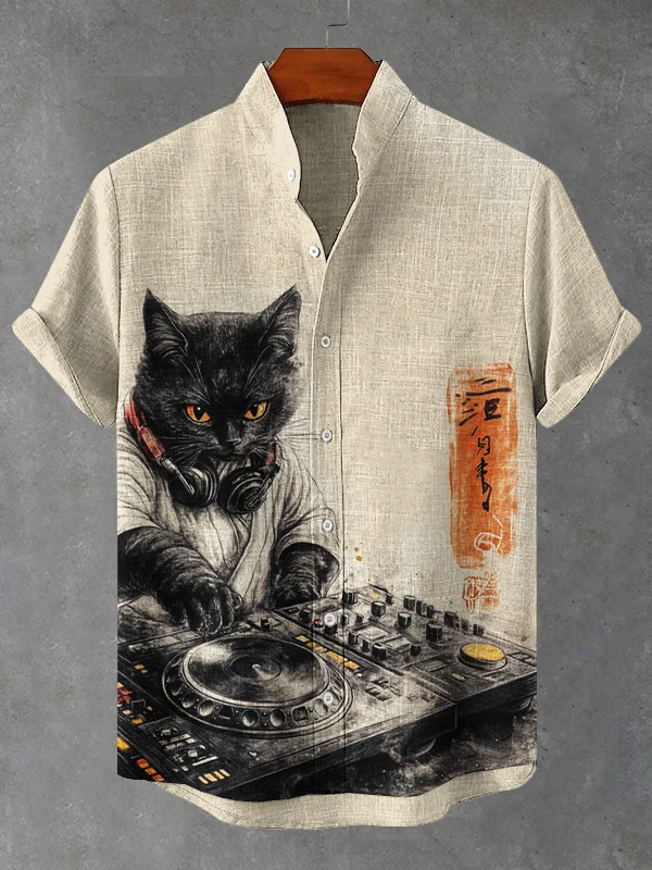 Men's Black Cat DJ Ink Art Print Casual Shirt