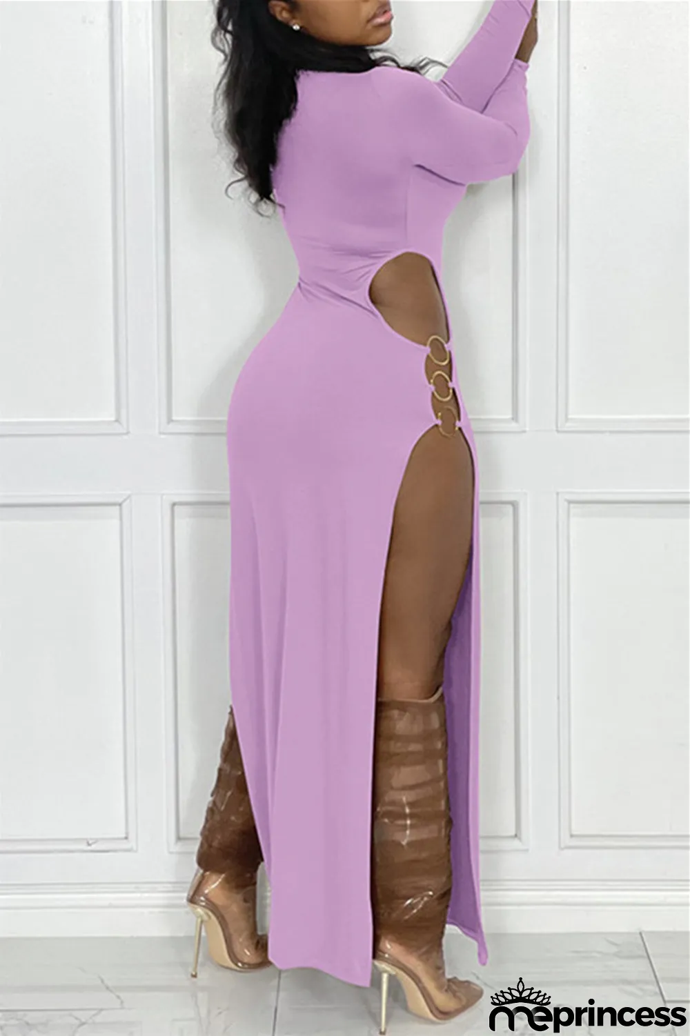 Black Sexy Casual Solid Hollowed Out Slit O Neck Long Sleeve Dresses