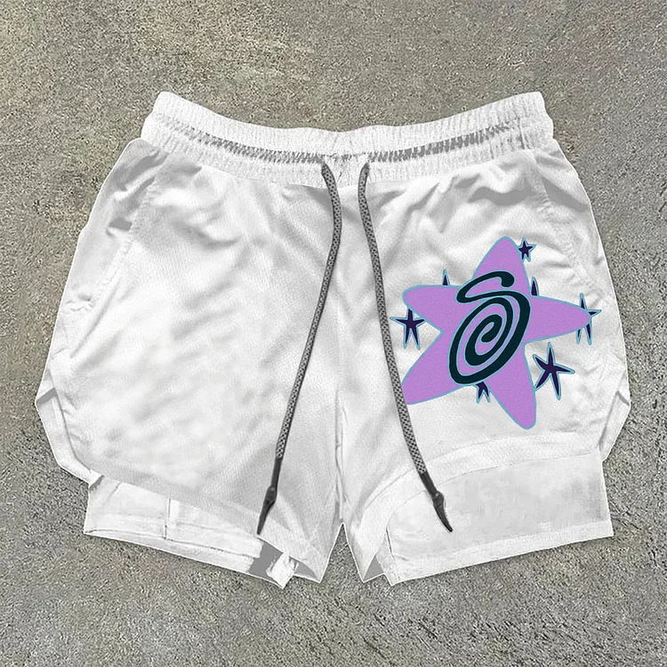 Casual Men's Stussy Galaxy Graphics Drawstring Double Layer Shorts