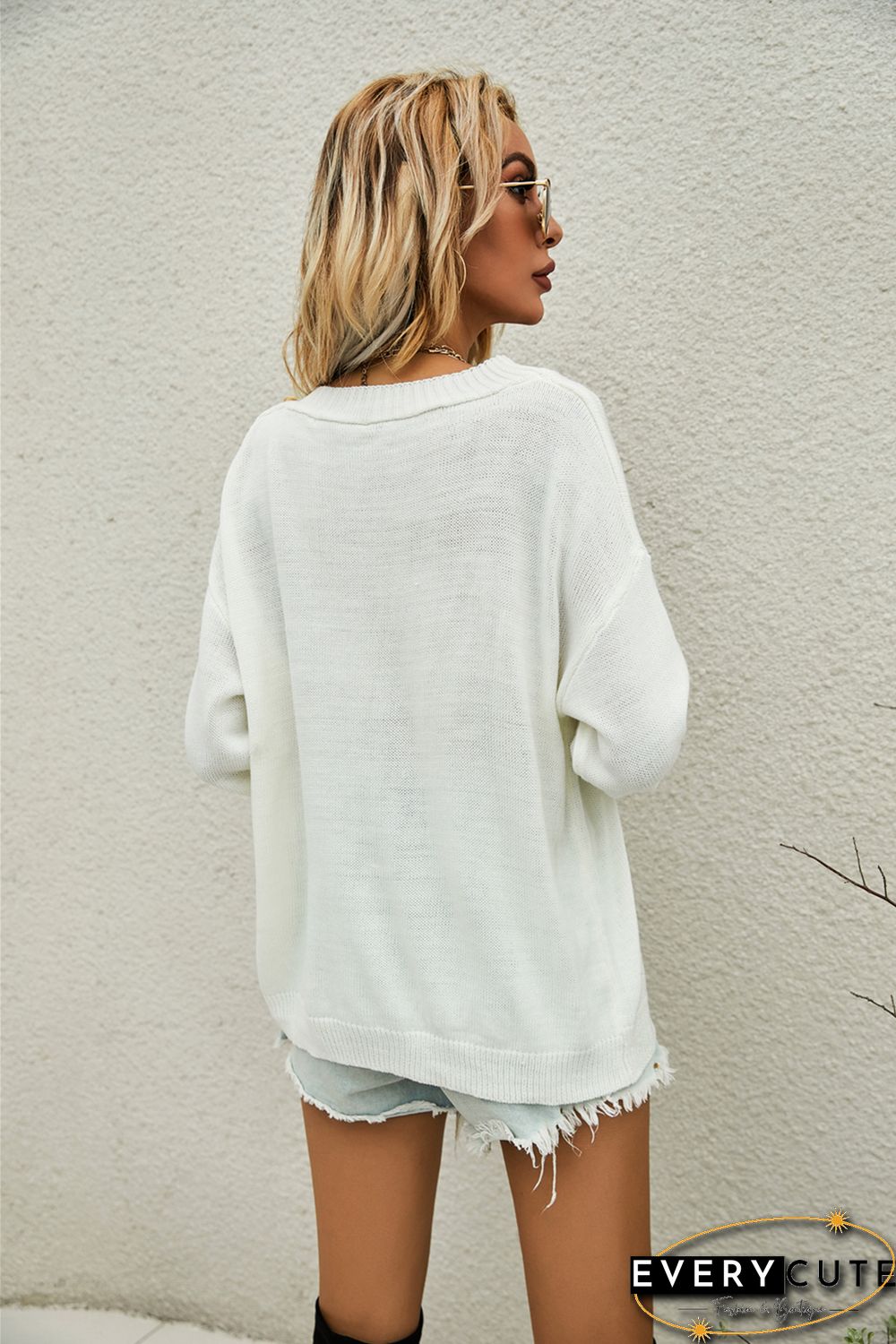 White Crew Neck Buttons Drop Shoulder Pullover Sweater