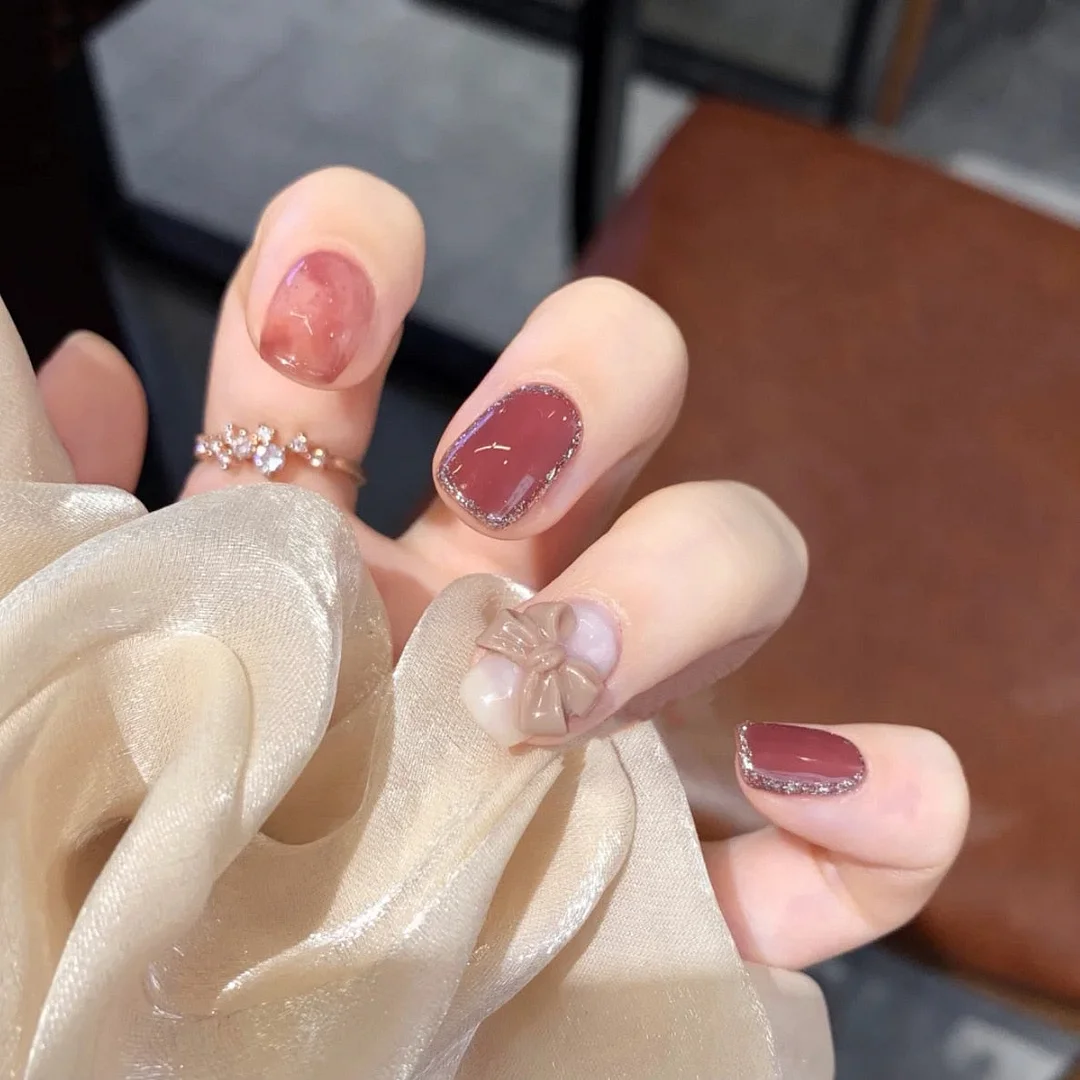 24pcs Small Floral Printed False Nails Patch Glue Type Short Paragraph Fashion Manicure Natural Artificial Ballerina Fake Nails-Nail Inspo