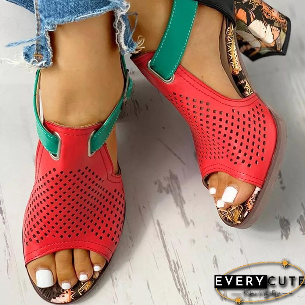 Hollow Coarse Heel Buckle High Heel Sandal