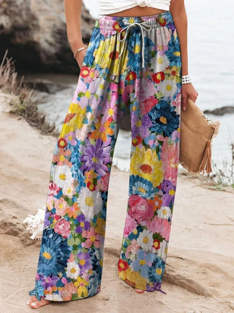 Women's Vintage Floral Print Wide Leg Pants