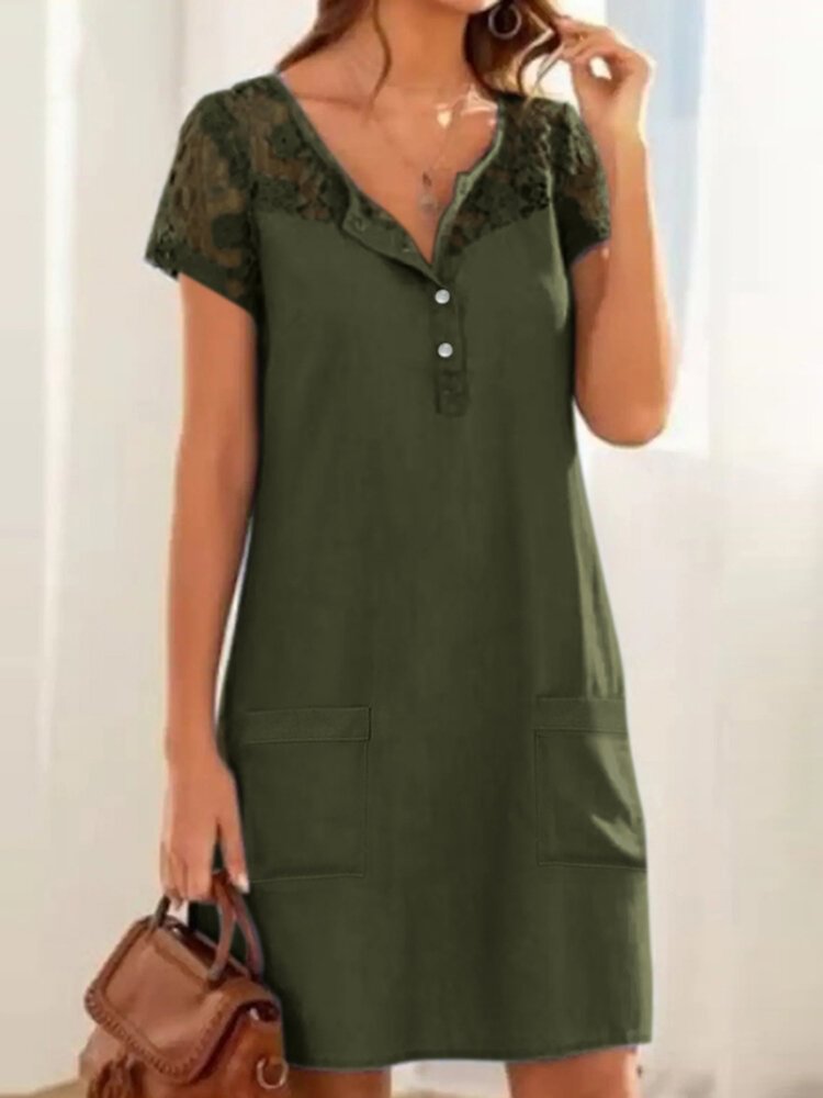 Solid Button Pocket Patchwork Hollow Out Short Sleeve Casual Dress
