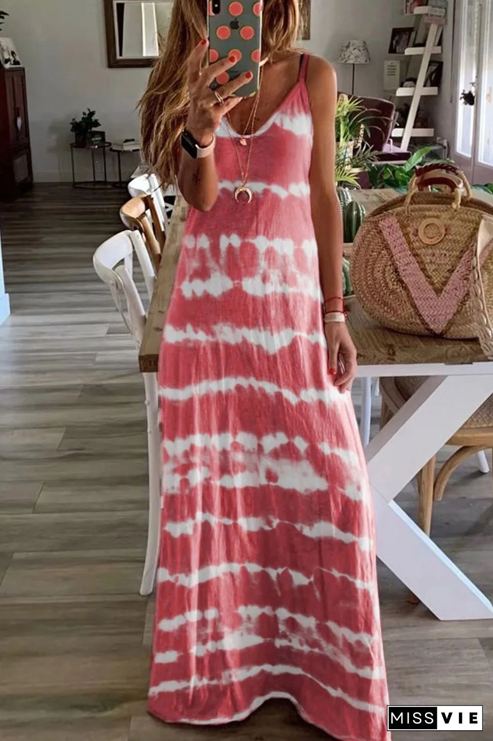 KarliDress V Neck Spaghetti Strap Tie Dye Casual Maxi Dress P12873