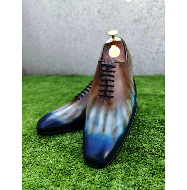 Handmade Men Patina Whole Cut Oxford Shoes, Hand painted Formal Dress Shoes