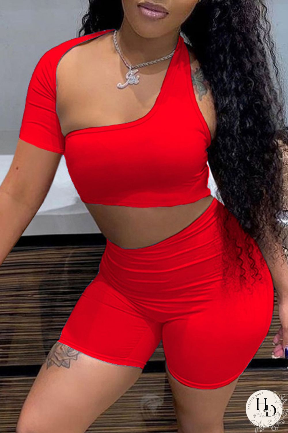 Blue Sexy Solid Hollowed Out Asymmetrical Collar Short Sleeve Two Pieces