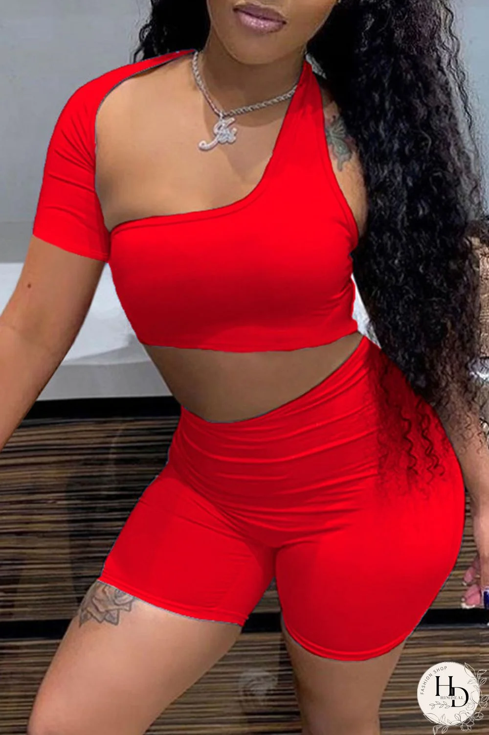 Blue Sexy Solid Hollowed Out Asymmetrical Collar Short Sleeve Two Pieces