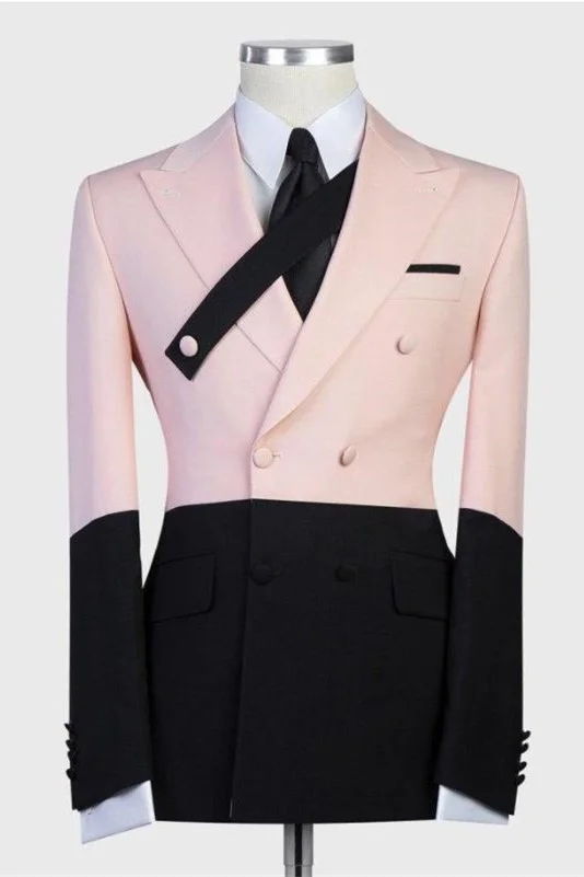 Stitching Peaked Lapel Pink And Black With Double Breasted Gentle Ring Bearer Suits