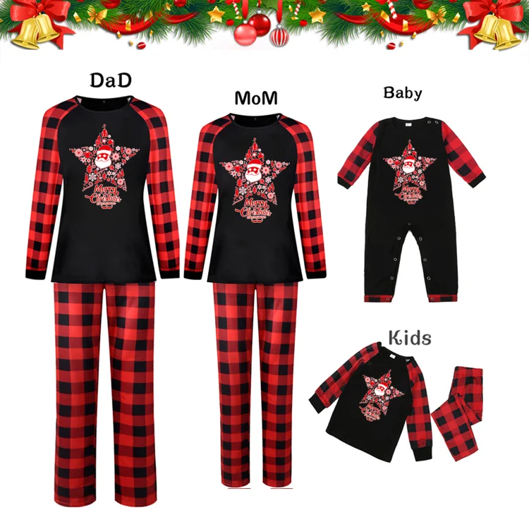 Christmas Star Santa Cartoon Print Red Plaid Family Matching Pajamas Sets