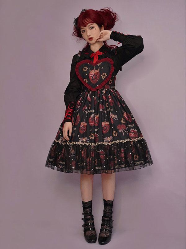 Gothic Black Red Embellished Star Printed Ruffle Lolita Dress Star