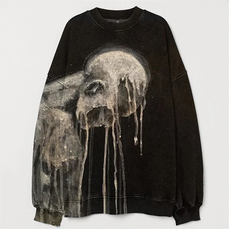 Comstylish Skull Printed Vintage Washed Casual Sweatshirt