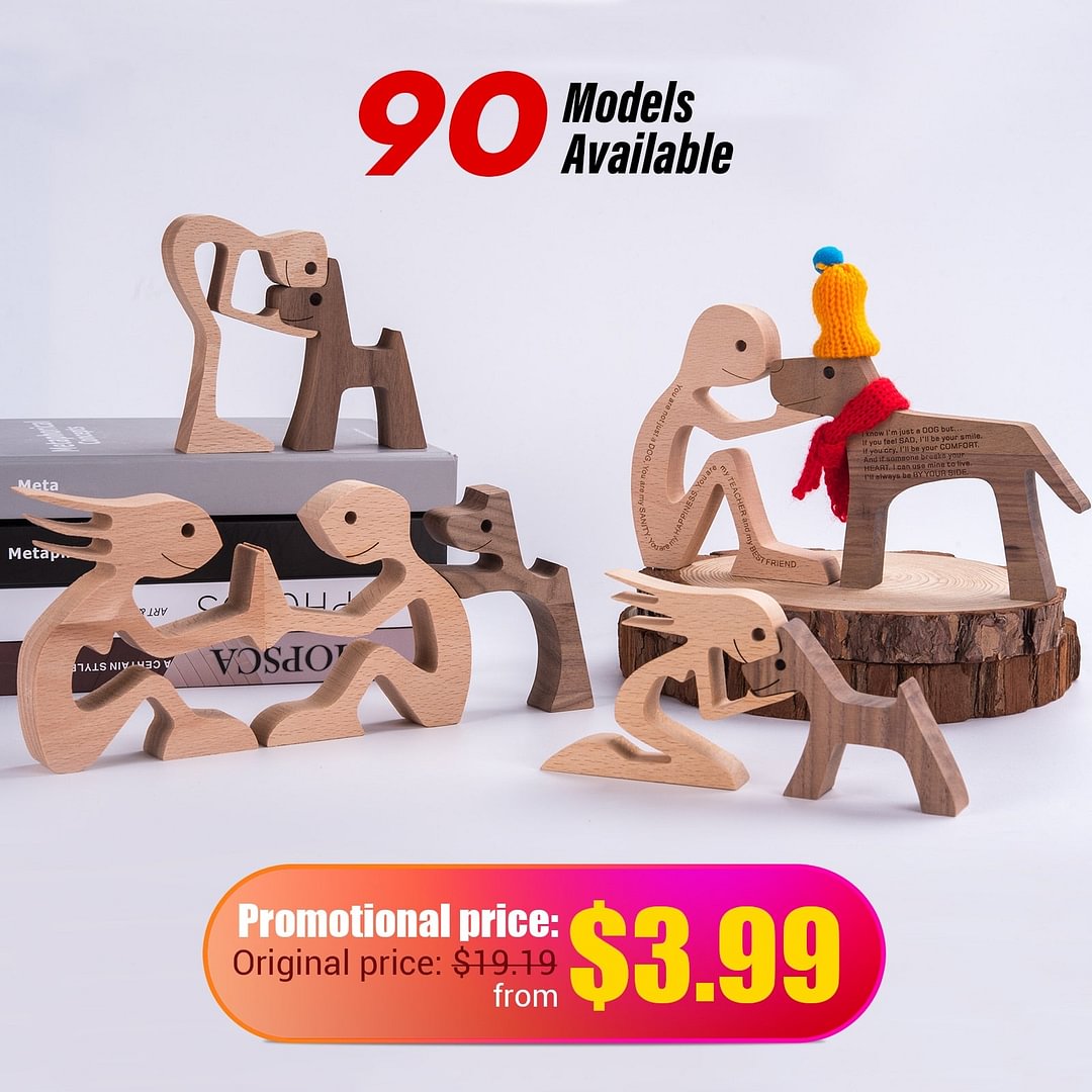 Puppy Family Wood Dog Carving Ornament Christmas Decoration Home Decor Figurine Desktop Table Sculptures For Dog Pet Lover Gifts