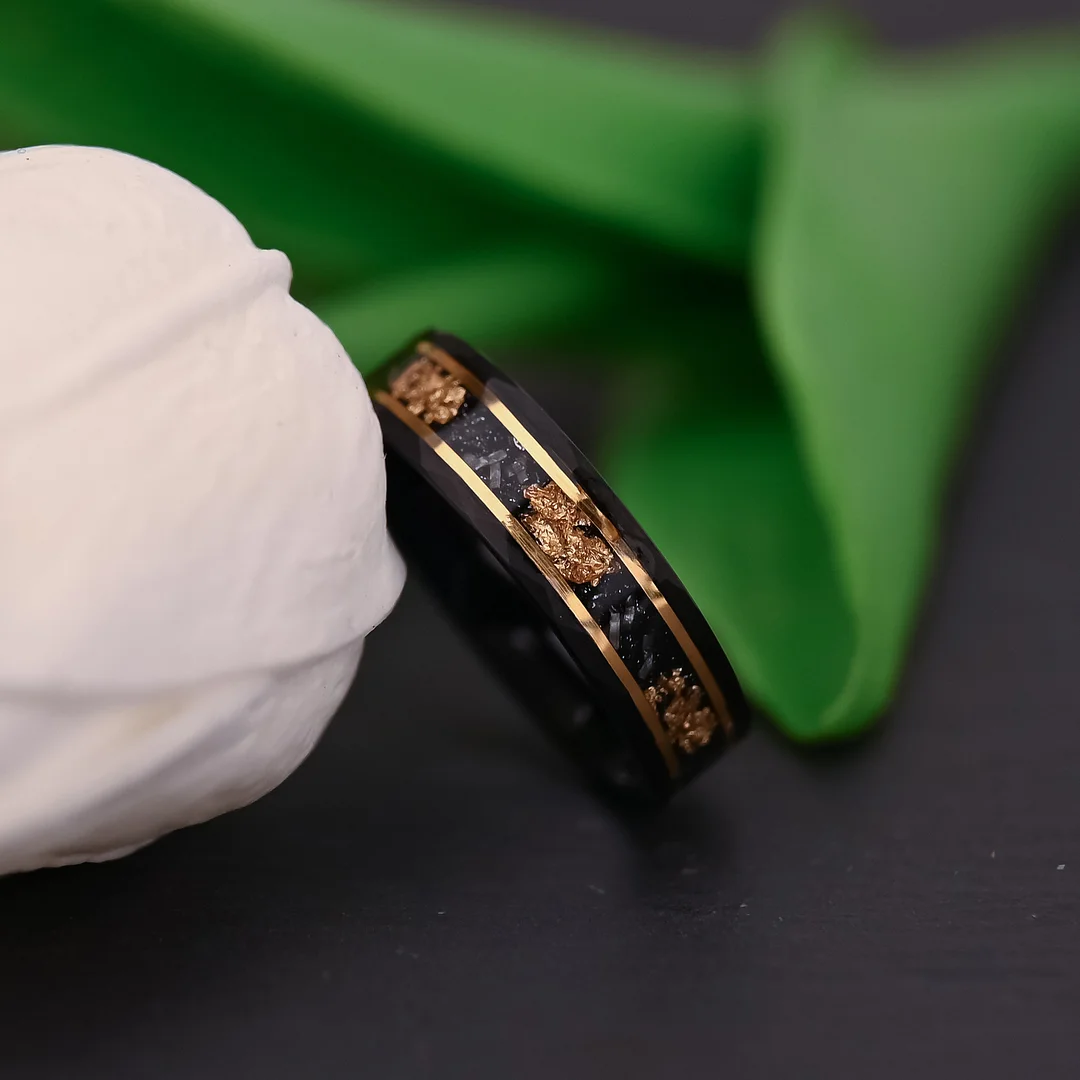 8MM Black Electro-black Hammered Tungsten Carbide Rings Imitation Meteorite Rose Foil Setting Tungsten Wedding Bands For Women and Men