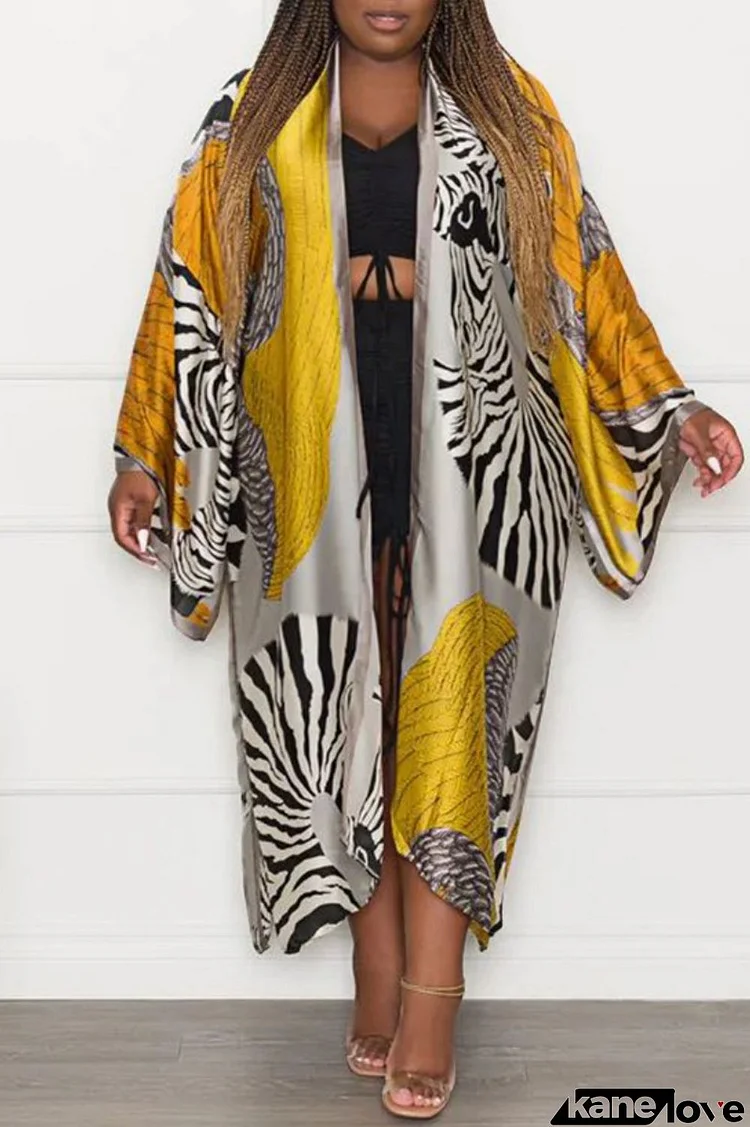 Yellow Casual Print Cardigan Outerwear