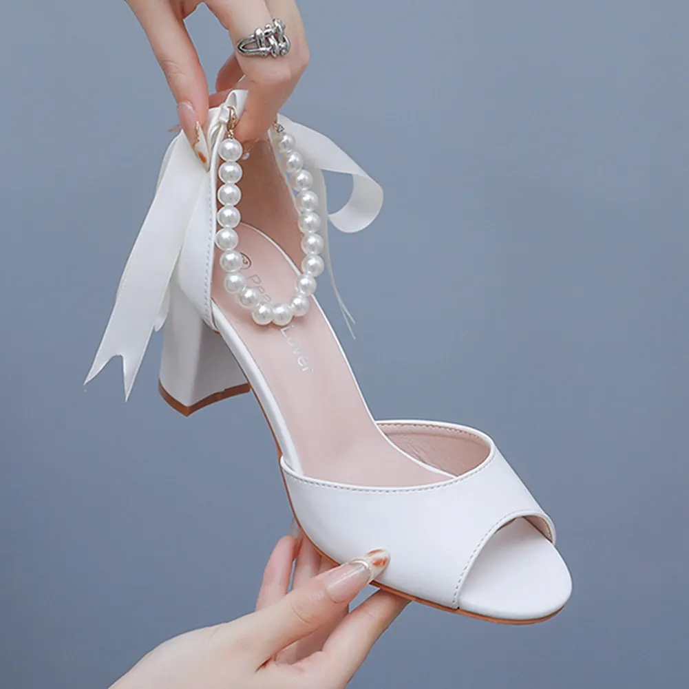 Breakj Breakj Cm Fish Mouth Coarse Sandals Shallow Buckle With Large-Size Beads Drifting Sandals Bride White Coarse Sandals Woman
