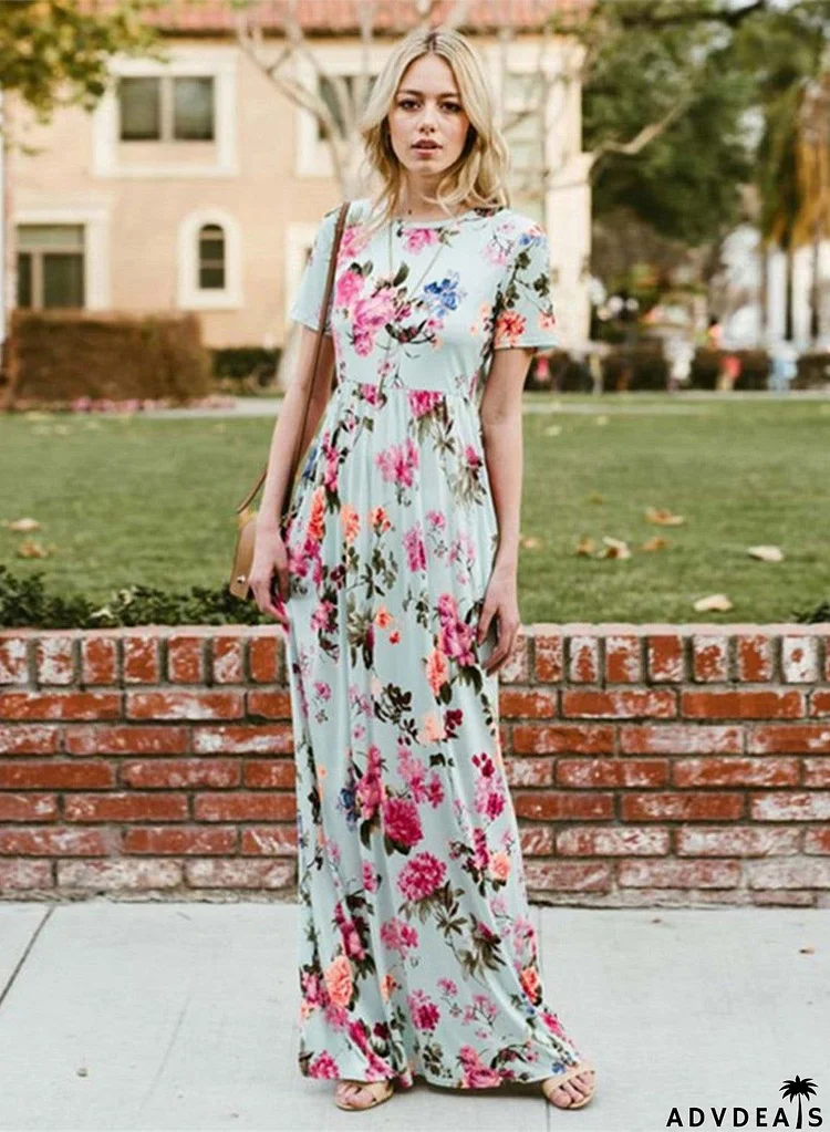 Floral Printed Short Sleeve Maxi Dress with Pockets