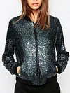 Stylish Sequinned Solid Color Round-Neck Long Sleeves Jacket