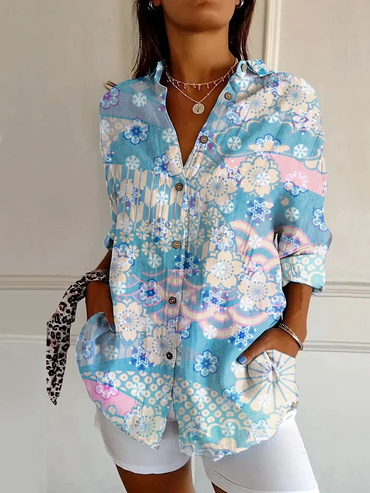 Japanese Art Flower Print Casual Long-sleeved Shirt