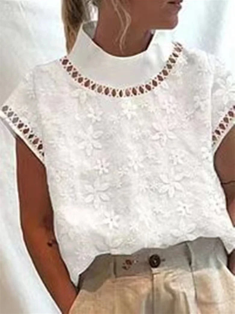 Women Short Sleeve Scoop Neck Solid Lace Tops