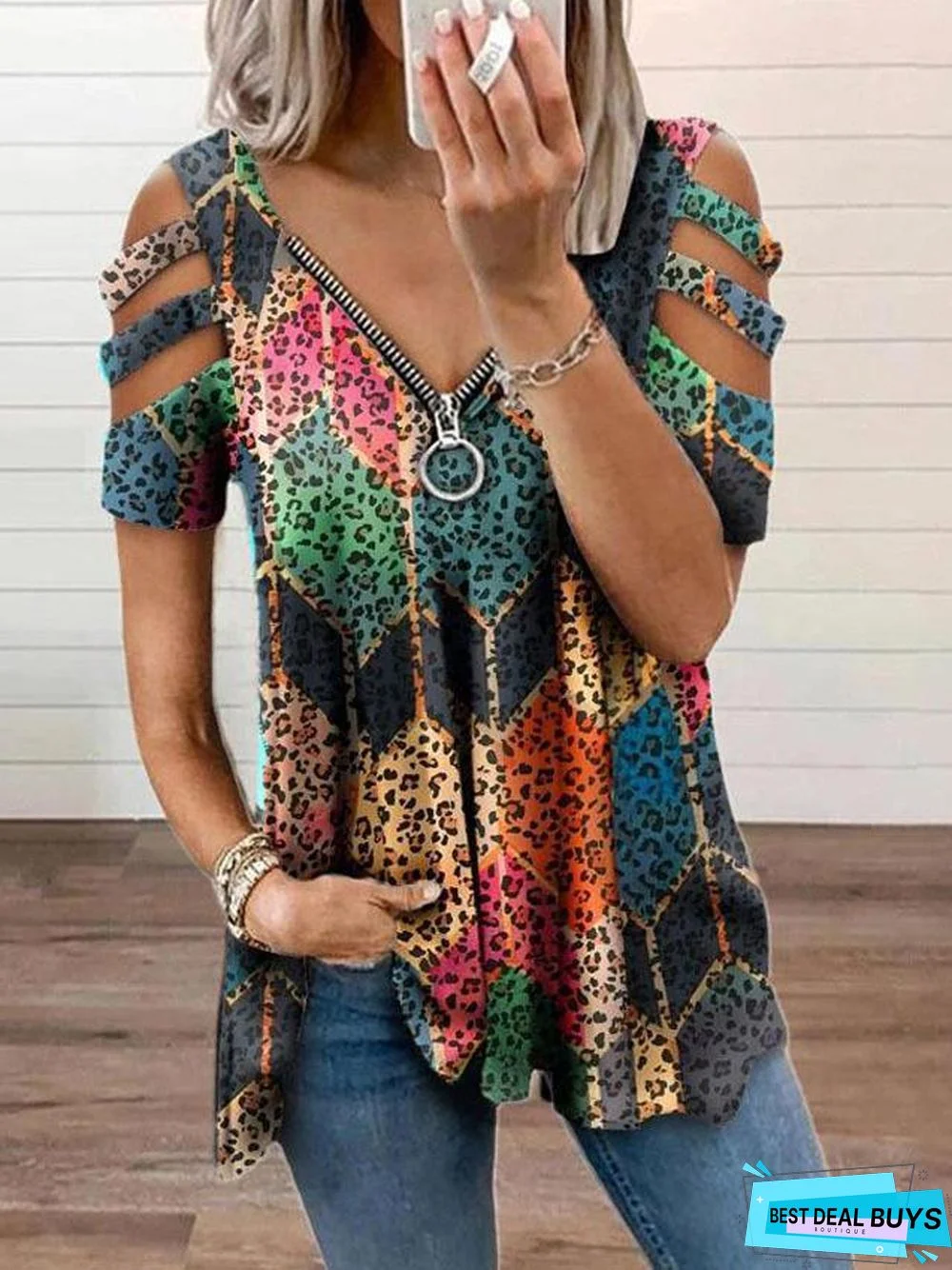 V-neck Zipper Pullover Printed Short Sleeve Loose T-shirt Women's Jacket