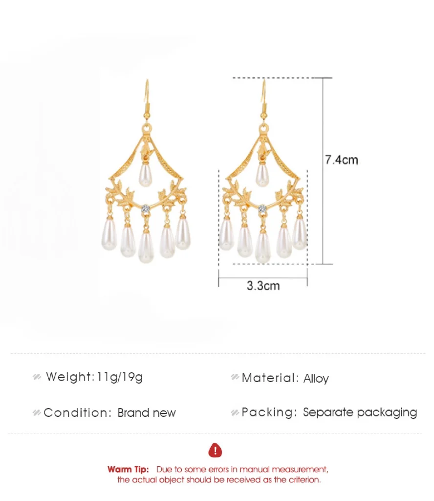Palace Style Pearl Long Gold Plated Earrings