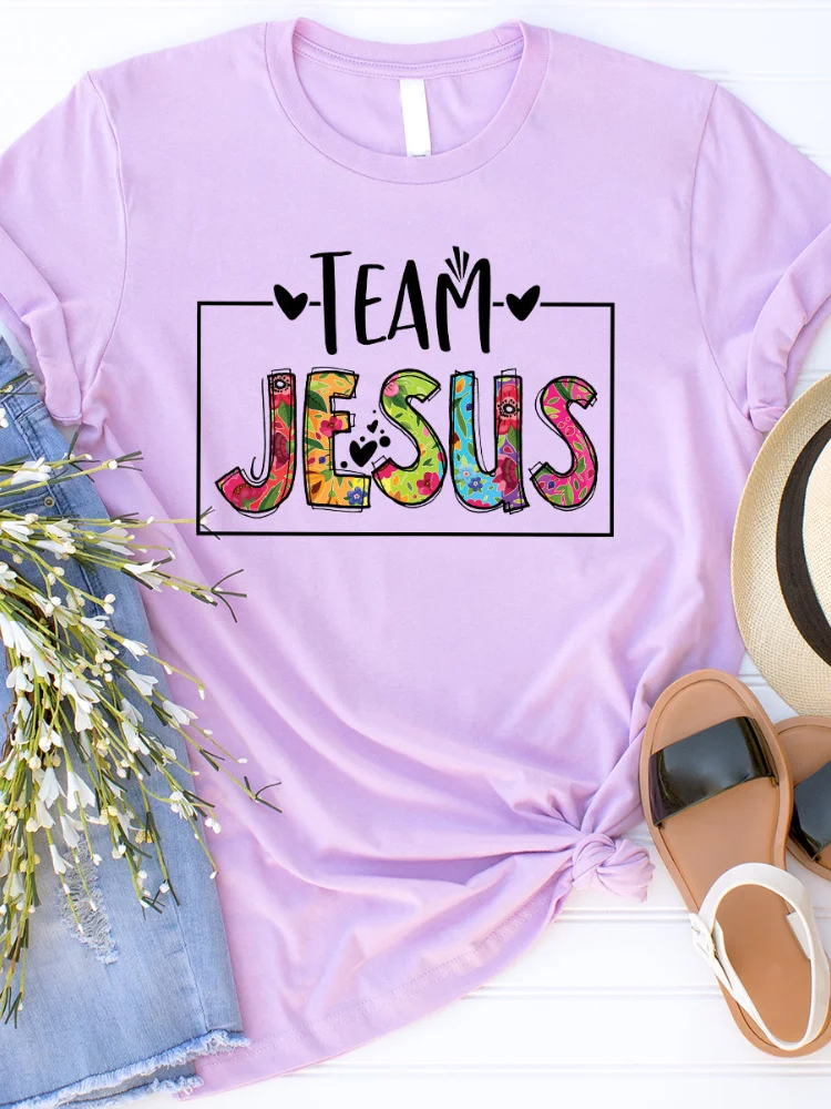 Team Jesus Print Casual Crew Neck Short Sleeve T Shirt