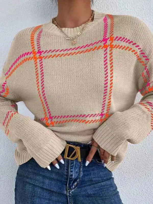 Athvotar Athvotar Autumn And Winter New Lattice Color Collar Sweater Women Casual Long-Sleeved Round Collar Collar Knitted Shirt