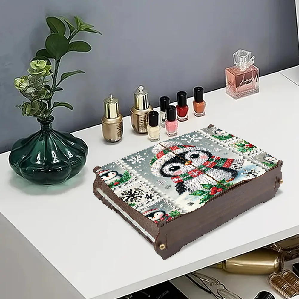 5D DIY Diamond Art Crystal Storage Wooden Case Kit for Home Decor (Penguin)