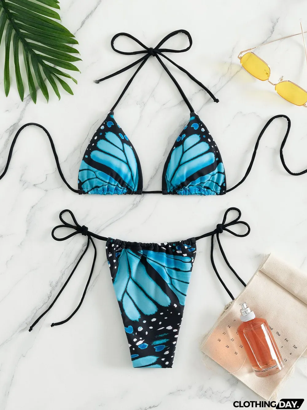 Butterfly Printed Lace-up Halter Bikini Set