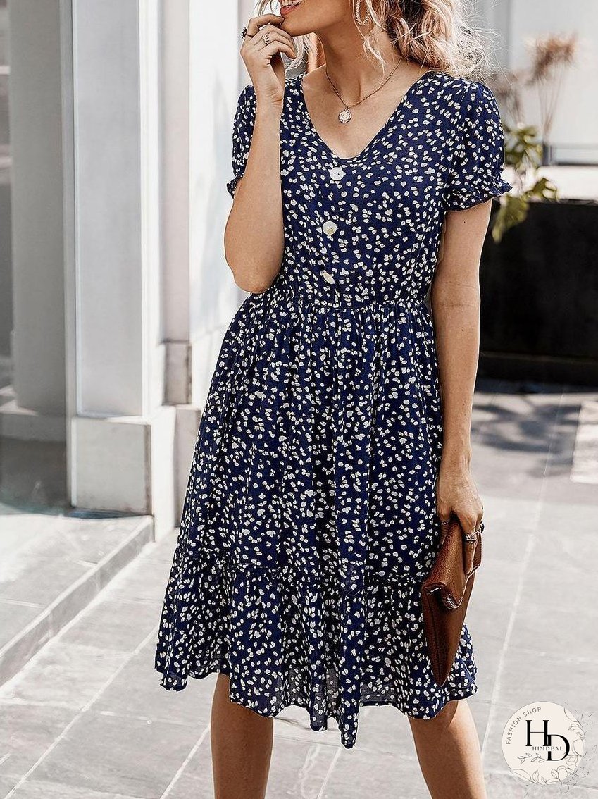 All Over Print Frill Trim Dress for Women