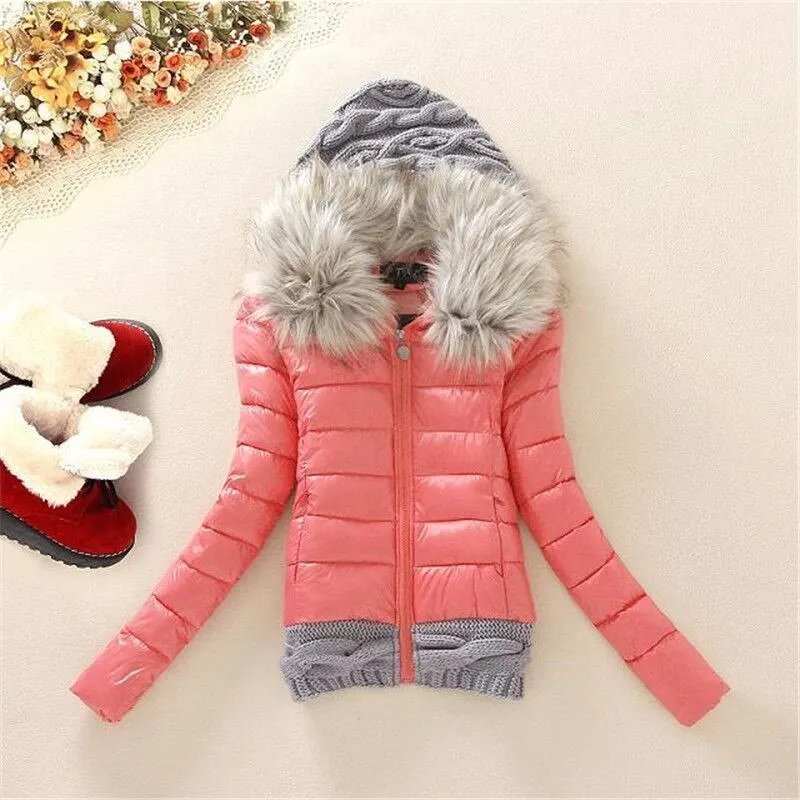 plus size 4XL women winter jacket Knitted wool cap patchwork jacket autumn winter coat outwear 2020