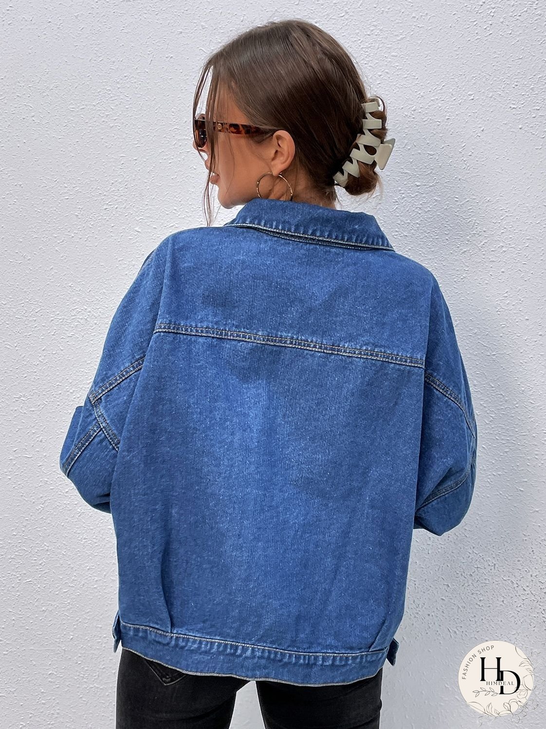 Collared Neck Dropped Shoulder Denim Jacket