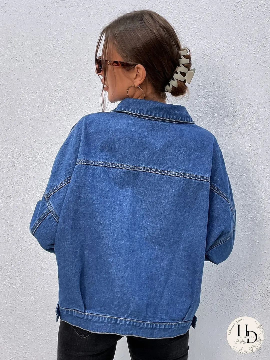 Collared Neck Dropped Shoulder Denim Jacket