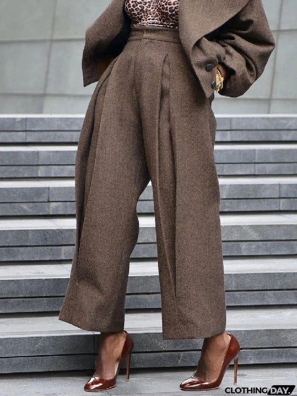 Long Sleeves Pleated Solid Color Notched Collar Outerwear Top + Pants Bottom Two Pieces Set