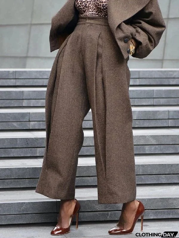 Long Sleeves Pleated Solid Color Notched Collar Outerwear Top + Pants Bottom Two Pieces Set