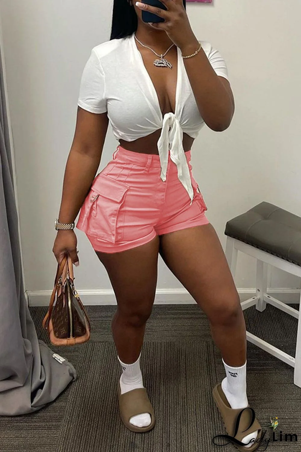 Pink Fashion Casual Solid Patchwork Regular High Waist Shorts