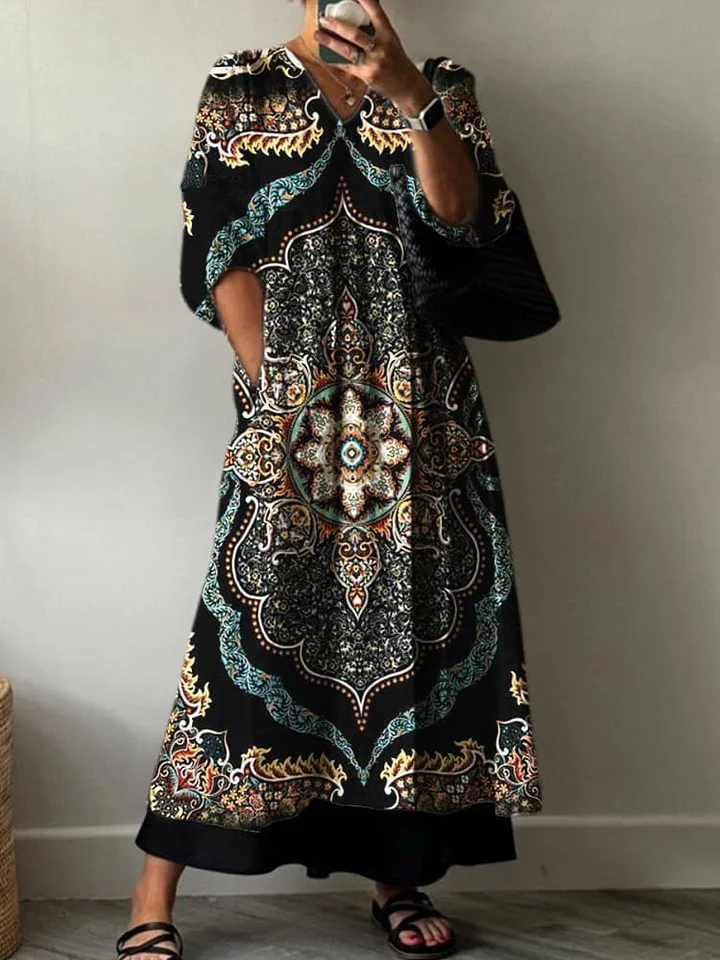 Women's  Retro Floral Print Pocket V-neck Cotton Dress