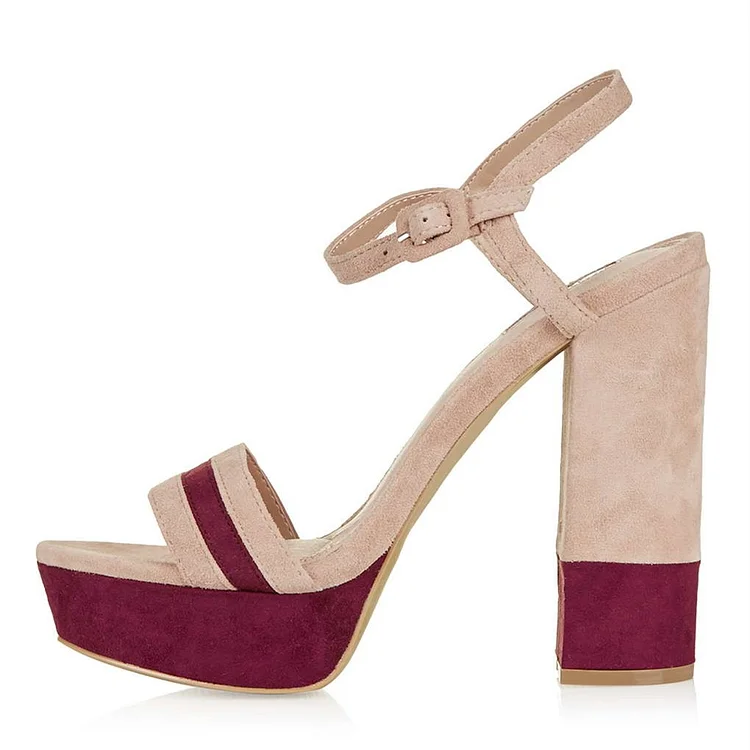 Nude and Burgundy Block Heel Sandals with Platform Vdcoo