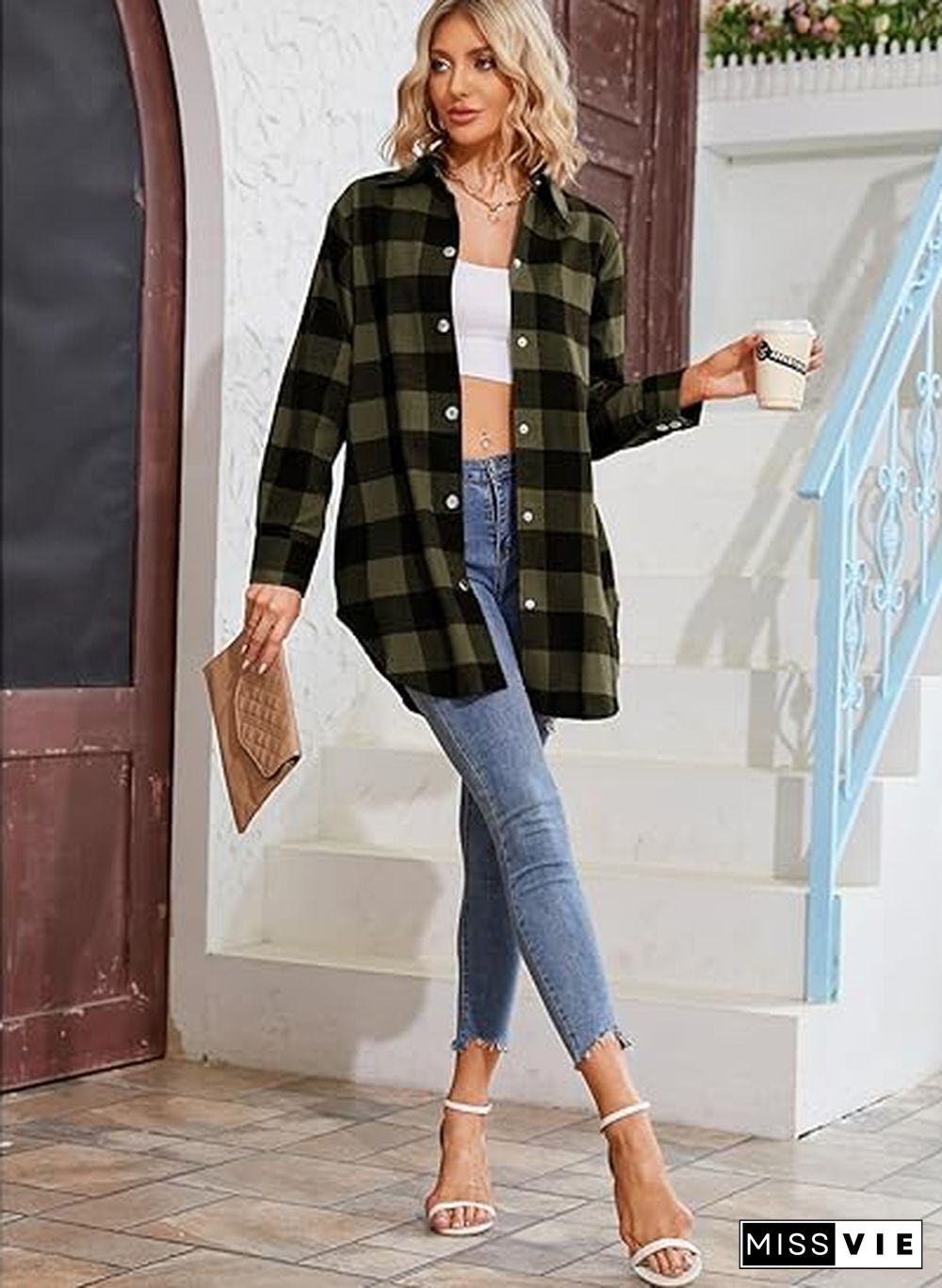 Popular Plaid Collared Outerwear
