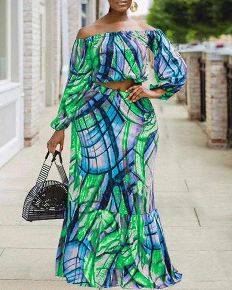 Off-the-shoulder Abstract Contrast Print Skirt Suit