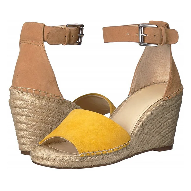 Yellow and Camel Wedge Platform Ankle Strap Sandals Vdcoo