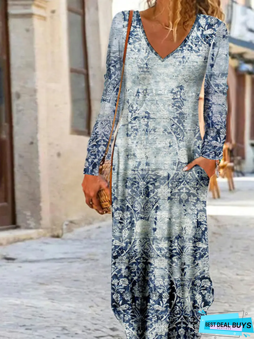 Abstract Geometric Print V-neck Long Sleeve Jersey Long Dress